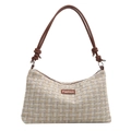 Schicke gewebte Karo-Umhängetasche in Beige mit braunem Lederriemen und Fashion-Label - Weiß