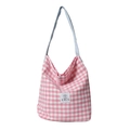 Bolso cubo de lona a cuadros rosa con correa azul claro y etiqueta de EMIS - Rosa
