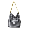 Bolso tote de lona a cuadros blancos y negros de gran capacidad con correas amarillas - Negro