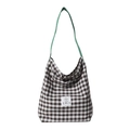 Bolso tote de lona a cuadros con correas verdes y diseño de logotipo EMIS minimalista - Marrón