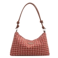 Schicke karierte Tweed-Schultertasche mit braunen geknoteten Riemen und Mode-Etikett - Rot