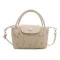 Elegante borsa a mano in tessuto beige con ricamo floreale e tracolla rimovibile in stile minimal - Bianco