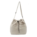 Bolso tote de nailon beige con cordón, correa ajustable y bolsillos frontales para diario - Blanco Roto