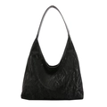 Minimalist black PU leather shoulder bag with vintage crinkle texture and wide strap - Black