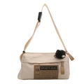 Cream white oxford cloth crossbody sports bag with a plush pompom and leather label - With Pendant / White
