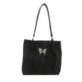 Minimalist black tote bag with silver butterfly accent and crinkled texture design - Black