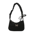 French style black underarm bag with silver butterfly charm and ruched strap detail - Black