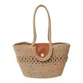 Borsa tote in paglia intrecciata con dettaglio perla e cuciture colorate per l'estate - Senza Sciarpa di Seta / Cachi