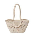 Borsa tote intrecciata color crema con pois colorati, chiusura a perla e manici intrecciati - Senza Sciarpa di Seta / Bianco