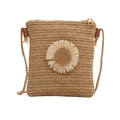 Crossbody woven straw bag with large white daisy flower and golden zipper closure - Khaki