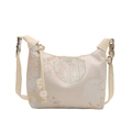 Floral oriental silk-textured shoulder bag with pearl tassel and adjustable strap - White