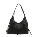 Black large capacity soft leather shoulder bag with bow ties and dual front zippers - Black