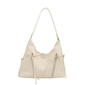 Minimalist beige bow bucket shoulder bag with decorative zippers and long ribbon straps - White
