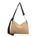 Beige geflochtene Strohtasche mit schwarzem Satinknoten und silberner Kette - Schwarz