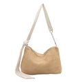 Handgewebte Strohtasche in Khaki mit Riemen aus cremefarbenem Leder und Silberkette - Weiß