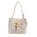 Sac fourre-tout en toile crème avec broderie, breloque fleur et foulard en soie - Blanc