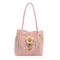 Sac fourre-tout rose avec tissu monogramme, fleur en peluche et poignées en corde tressée - Rose