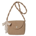 Summer beige lace woven crossbody bag with pearl button and twisted rope shoulder strap - Khaki With Silk Scarf