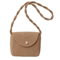 Handmade khaki straw crossbody bag with textured stripes and pearl button detail - Khaki Without Silk Scarf