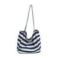 Borsa tote in tela a righe bianche e blu con tracolle lunghe per un look casual quotidiano - Blu