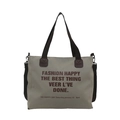 Grey canvas tote bag with letter print and brown handles shown on a white background - Green