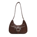 Brown vintage crescent hobo bag with silver zippers and buckle on white background - Brown
