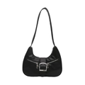 Minimalist black crescent hobo bag with silver metallic buckle and decorative zippers - Black