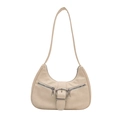 Chic beige half-moon crossbody bag with vintage silver buckles and metal zippers - White