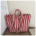 Retro red and white striped canvas tote bag with dual handles for daily shopping - Red