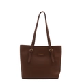 Classic brown leather tote bag with long adjustable shoulder straps and fashion logo - Dark Brown