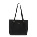 Large capacity vintage black leather tote bag with elegant golden buckle and shoulder straps - Black