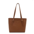 Brown leather tote bag with adjustable straps and metal logo plate for daily commute - Tan