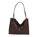 Deep brown large capacity faux leather tote bag with elegant lychee grain and long straps - Brown