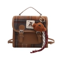 British vintage plaid backpack with brown faux leather trim and cute bear charm - With Pendant / Khaki