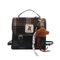 Brown plaid mini backpack in vintage tweed with black faux leather and bear charm - With Pendant / Black