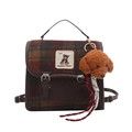 British style plaid backpack for women with dark brown leather trim and cute dog charm - With Pendant / Coffee