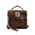 British style plaid crossbody bag in brown leather trim with a cute bear charm accessory - With Pendant / Brown