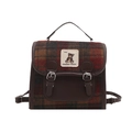 Red-brown plaid mini backpack featuring a bear patch and double faux leather buckles - No Pendant / Coffee