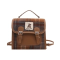 Brown plaid school style backpack with leather trim and decorative bear patch - No Pendant / Khaki