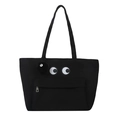 Zwarte canvas shopper met grote witte ogen patch en bijpassende pluche sleutelhanger - Met Hanger / Zwart