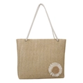 Sac cabas tissé en paille marron clair avec anses en corde blanche et détail marguerite - Kaki