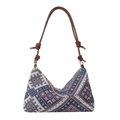Modische Canvas Schultertasche mit bunten geometrischen Mustern und braunen Kordelriemen - Blau