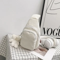White corduroy crossbody fanny pack with dual zippers and a cute plush bear pendant - White with Pendant