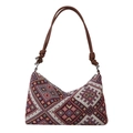 Vintage gewebte Hobo-Tasche mit bunten geometrischen Mustern und braunem Lederriemen - Rot