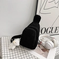 Black corduroy waist bag with white bear plush keychain and dual zipper closure system - Black with Pendant