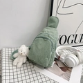 Light green corduroy fanny pack with plush bear charm and dual zipper layers - Green with Pendant