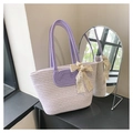 Detail of woven straw handbag featuring lavender lace bow and two-tone texture - Purple With Scarf