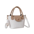 Minimalist color-block bucket bag in white and light brown pebbled leather with top handles - White