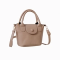 Minimalist beige bucket bag with lychee leather texture and adjustable shoulder strap - Khaki