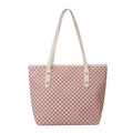 Pink geometric pattern tote bag with beige straps and gold rivets on white background - Pink